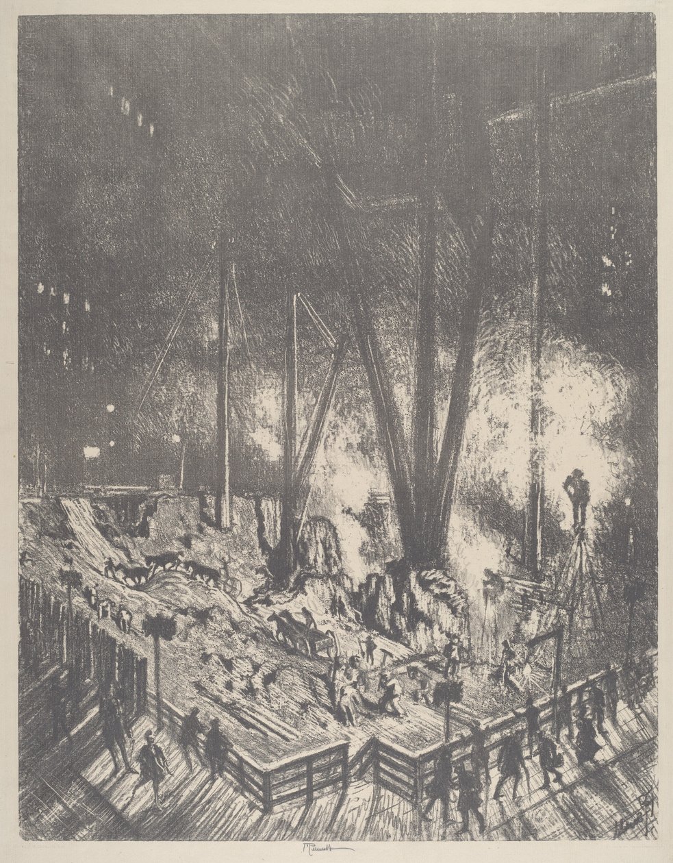 Az alapok, Felhőkarcoló építése, 1910. alkotó: Joseph Pennell