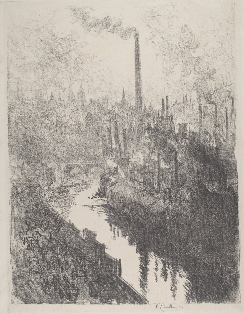 A nagy kémény, a motorpark, 1916. alkotó: Joseph Pennell