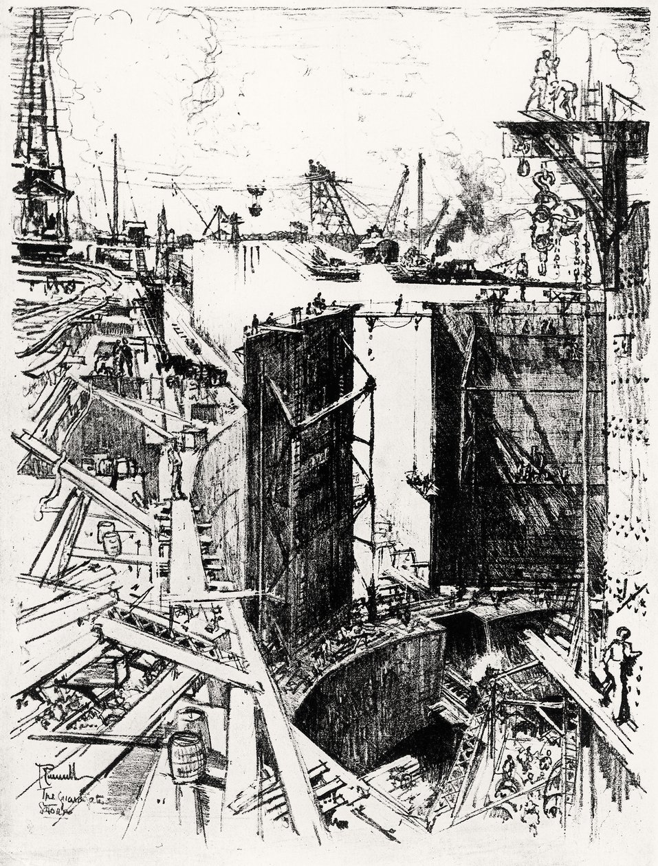 Az őrkapu Gatunban, V. tábla a Panama-csatornából, Joseph Pennell, 1912 (szén papíron) alkotó: Joseph Pennell