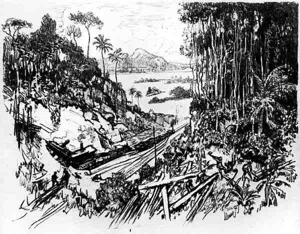 A dzsungel: Joseph Pennell: A régi vasút, VIII. tábla A Panama-csatorna című művéből, 1912 (szén, papír). alkotó: Joseph Pennell