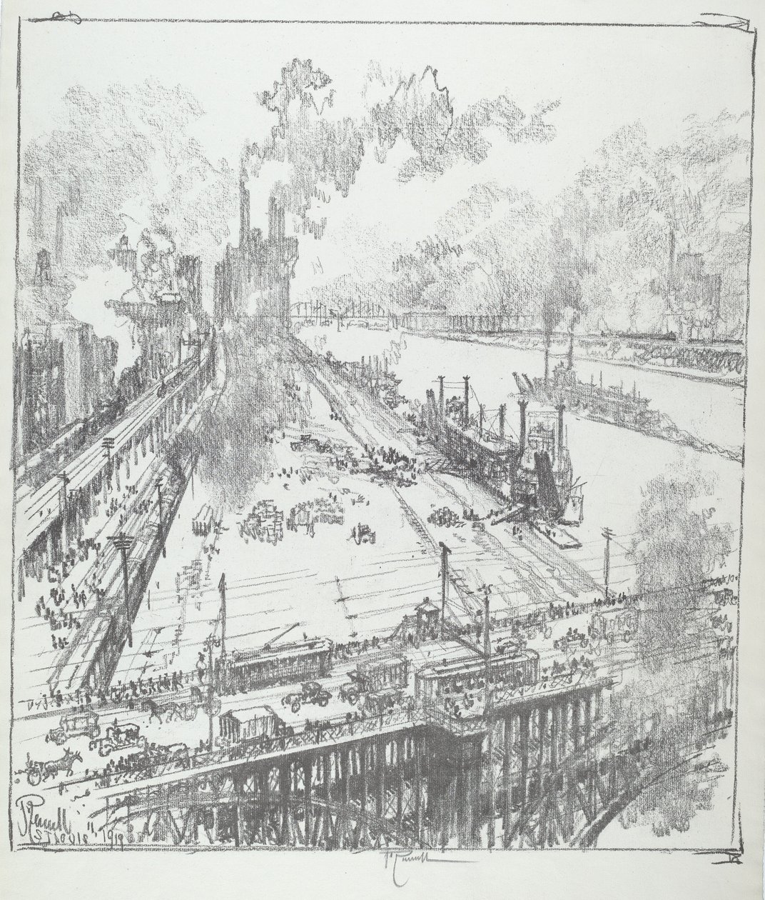 A töltés az Eads Bridge-ről, St. Louis, 1919. alkotó: Joseph Pennell