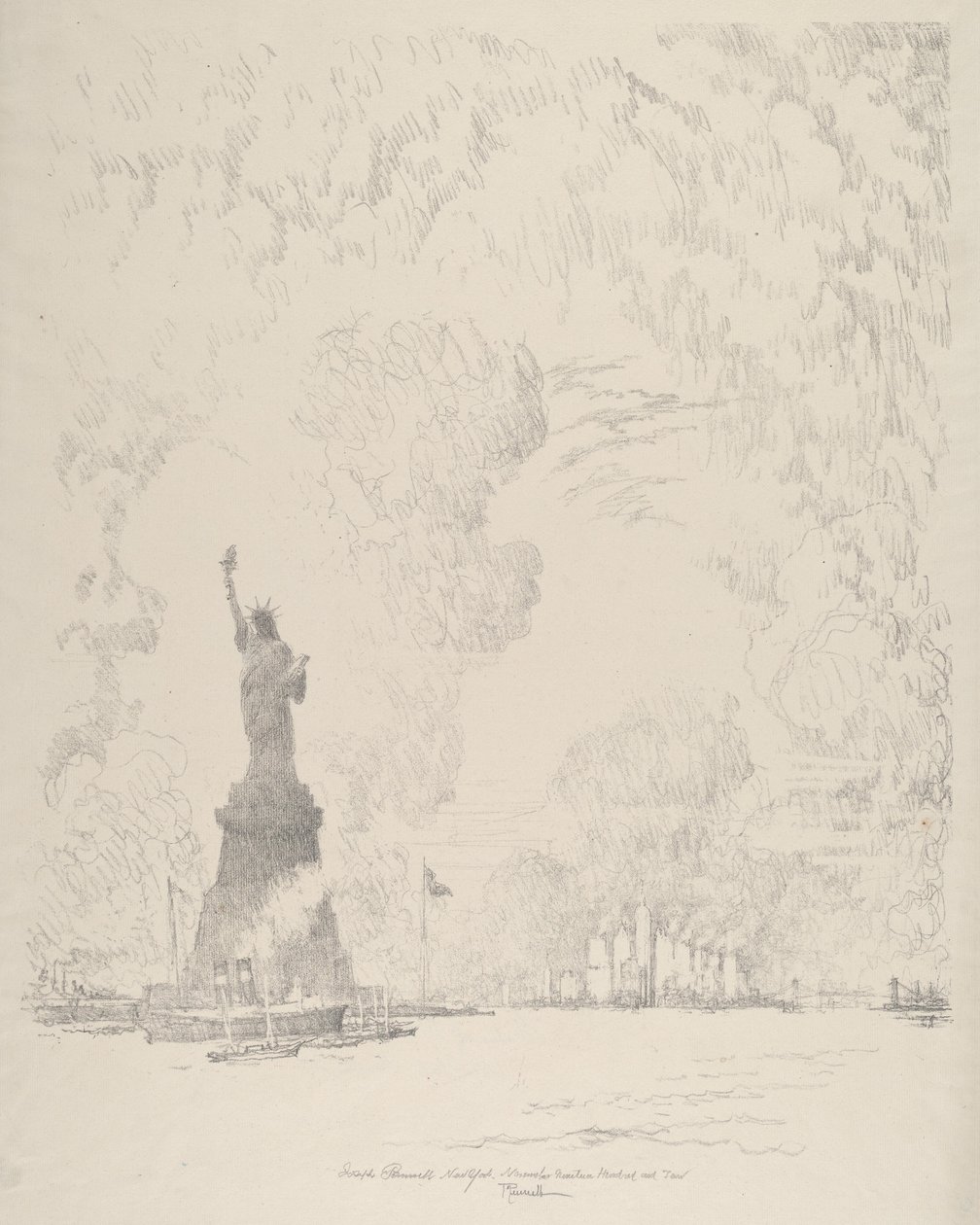 A szobor, New York-öböl, 1910. alkotó: Joseph Pennell