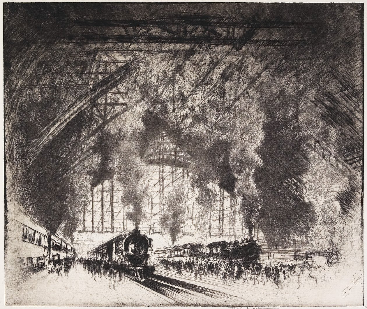 A vonatok, amelyek jönnek, és a vonatok, amelyek mennek, Pennsylvania Railroad, Philadelphia, 1919 alkotó: Joseph Pennell