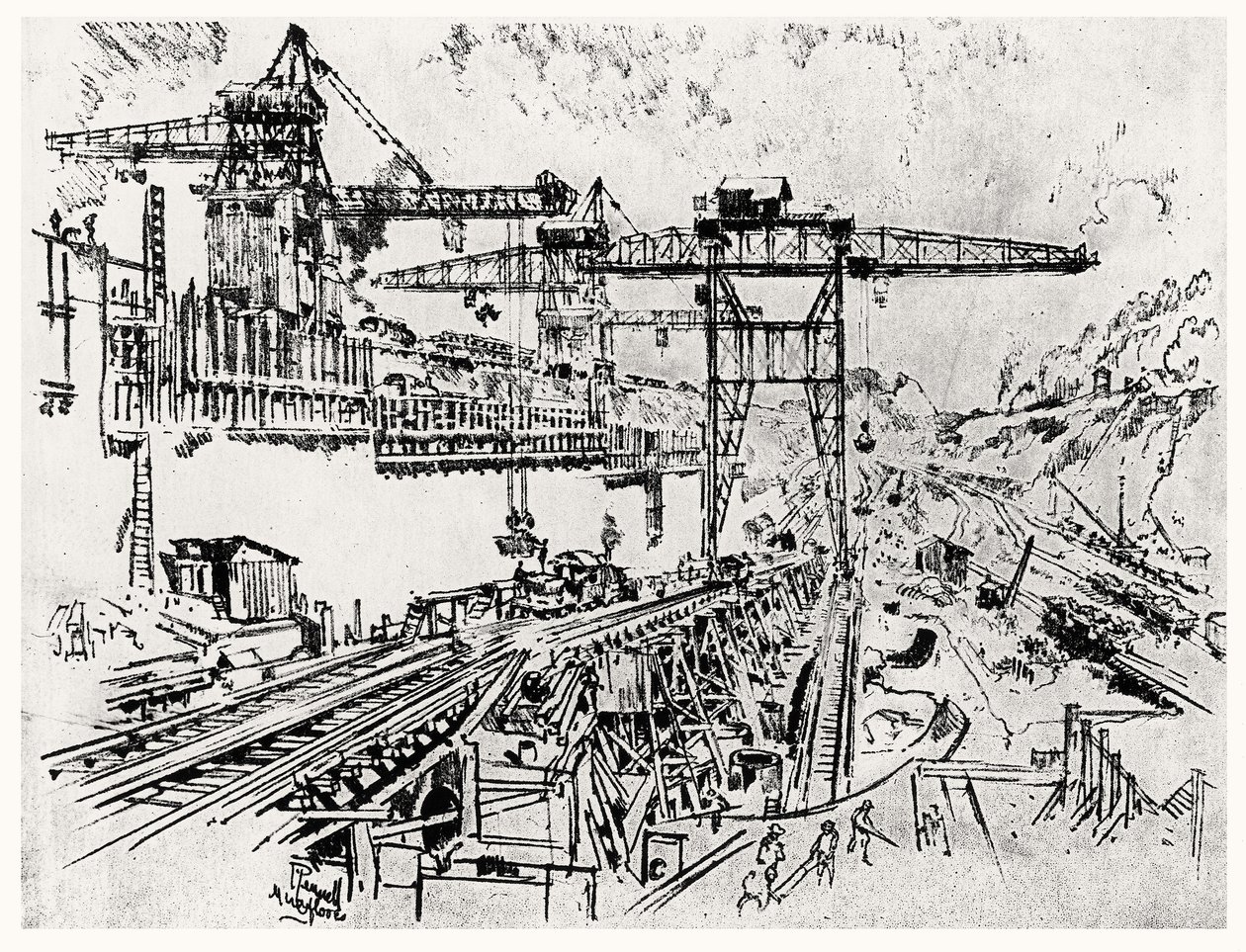 The Walls of Miraflores Lock, XXIII. tábla a Panama-csatornából, Joseph Pennell, 1912 (szén papíron) alkotó: Joseph Pennell