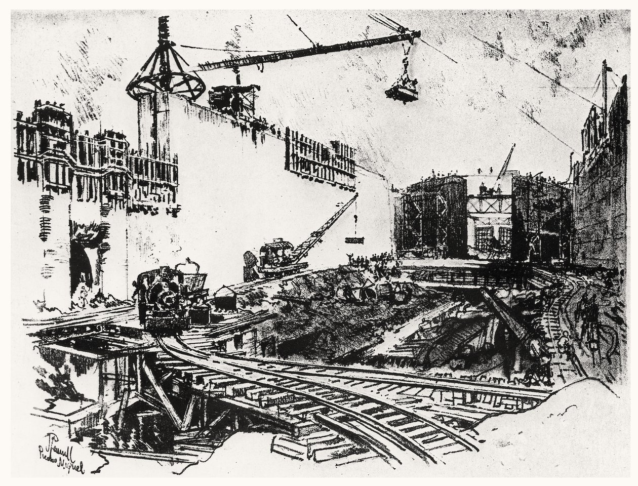 Pedron Miguel falai, XX. tábla a Panama-csatornából, Joseph Pennell, 1912 (szén papíron) alkotó: Joseph Pennell