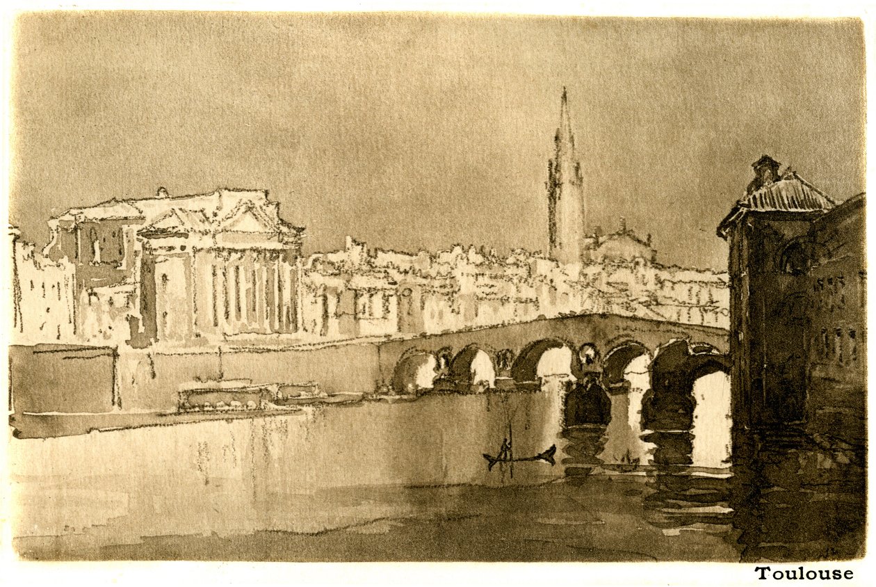 Toulouse, Garonne. Metszet Joseph Pennell (1857-1926) akvarellje után, amely Henry James "Egy kis utazás Franciaországban" című könyvét illusztrálja, Heinemann 1900-as kiadása (francia címek: "Voyage en France" és "Un petit tour en Languedoc"). alkotó: Joseph Pennell