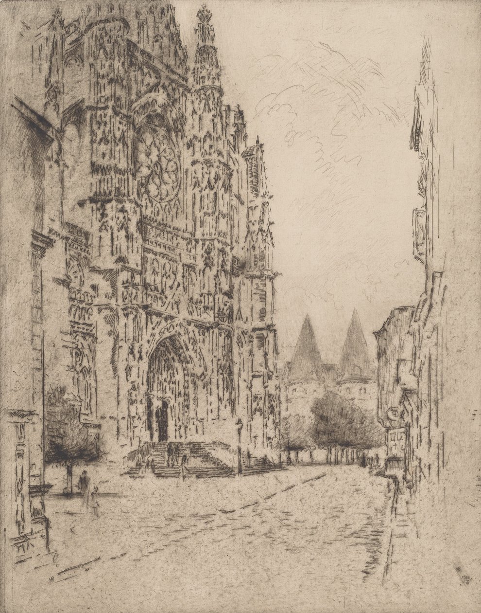A püspöki palota tornyai, Beauvais, 1907. alkotó: Joseph Pennell