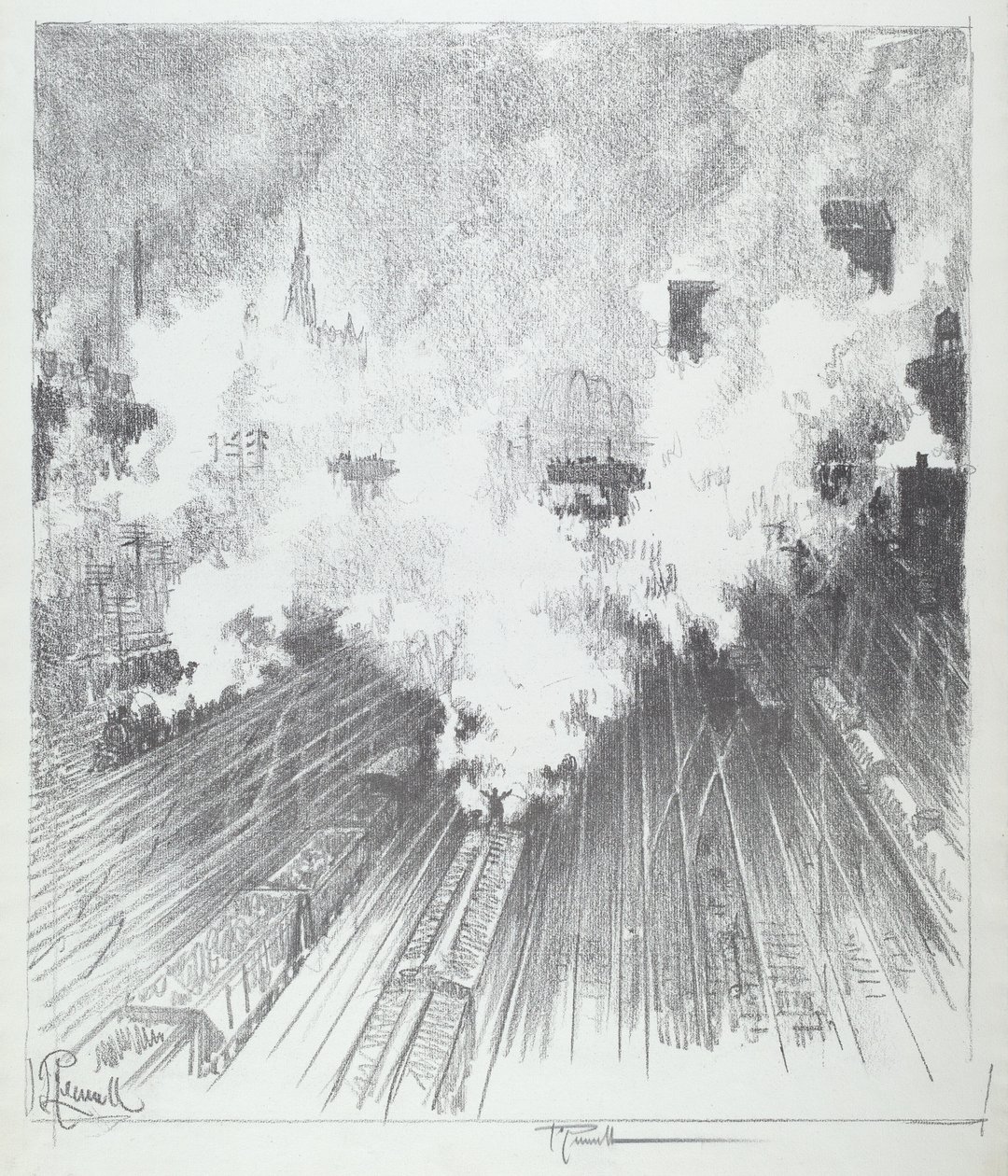 Vonatudvar, St. Louis, 1919. alkotó: Joseph Pennell