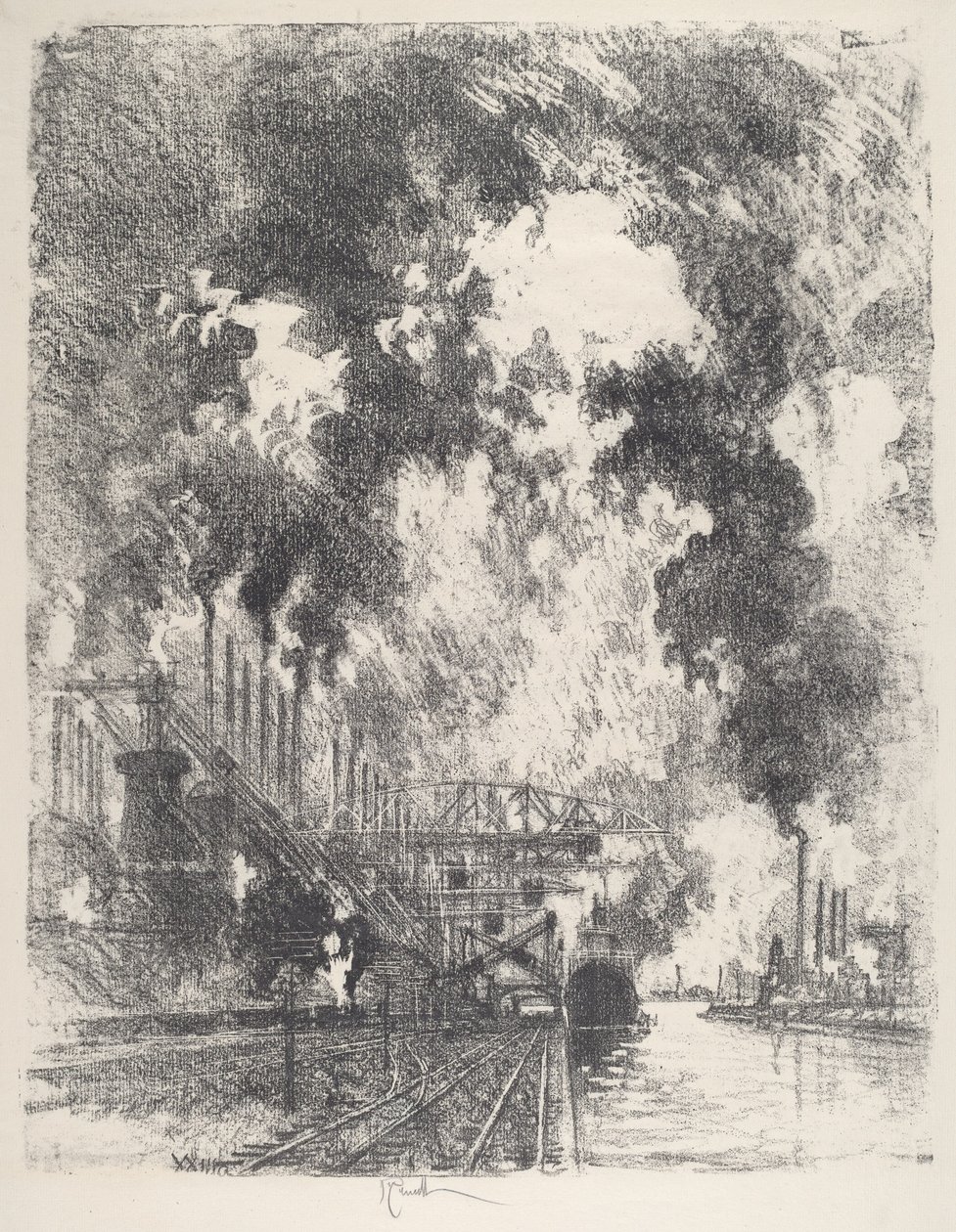 Érc kirakodása, 1917. alkotó: Joseph Pennell