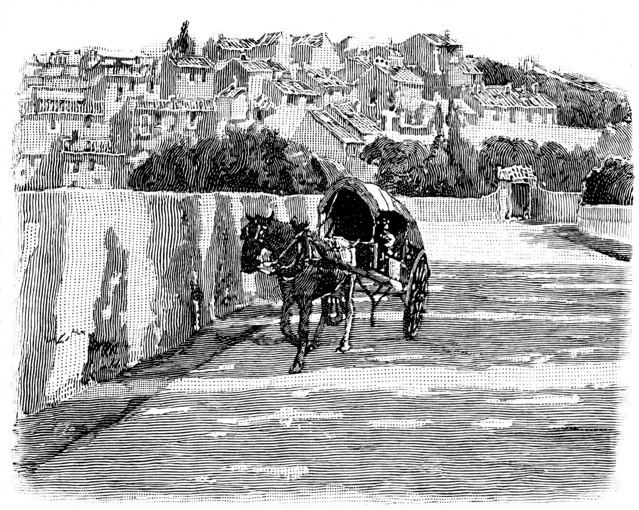 Village du Midi (Dél-Franciaország) lovaskocsival. Joseph Pennell metszete 1888 (részlet). alkotó: Joseph Pennell