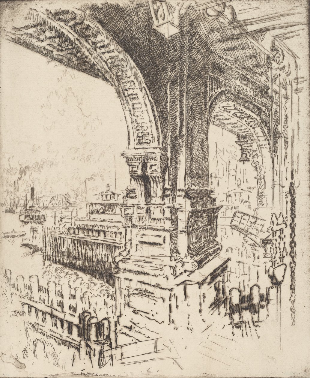 A kompon belül, Cortlandt Street, New York, 1919. alkotó: Joseph Pennell