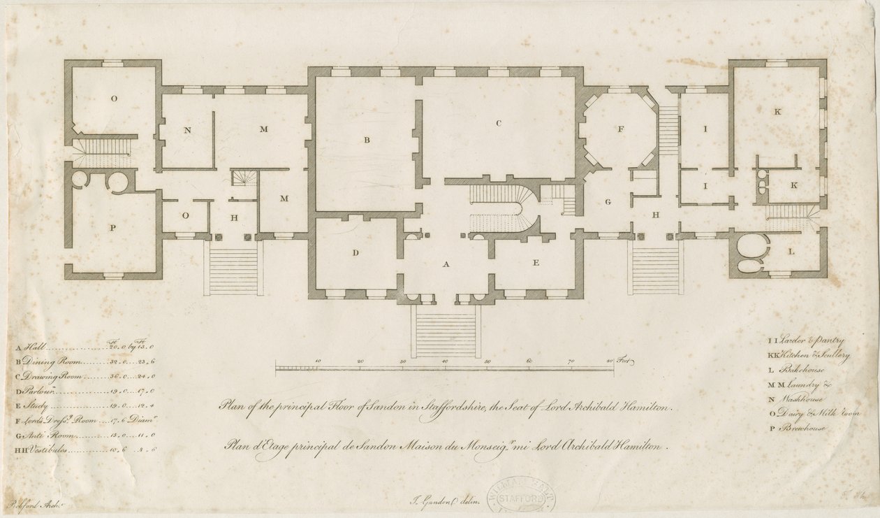 Sandon Hall – Az alapszint terve: metszet, nd [1769-1771] (nyomtatott) alkotó: Joseph Pickford