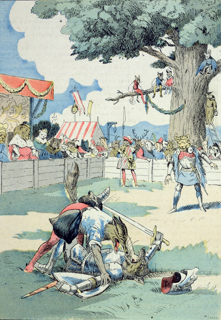 Renard és Ysengrin csatája, G. Le Cordier "Renard mester kalandjai" című művéből, 1900 körül (színes litográfia) alkotó: Joseph Porphyre Pinchon
