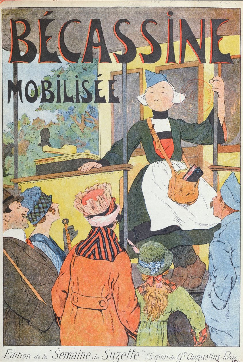 Becassine távozása, a "Becassine Mobilisee" címlapja, a "la Semaine de la Suzette" című lapból, 1914 körül (színes litográfia) alkotó: Joseph Porphyre Pinchon
