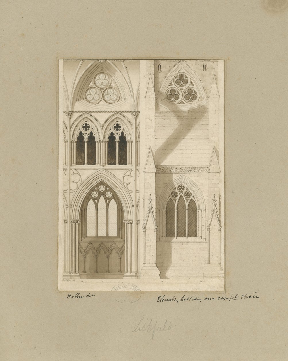 Lichfield katedrális belseje - Nave: szépia rajz alkotó: Joseph Potter