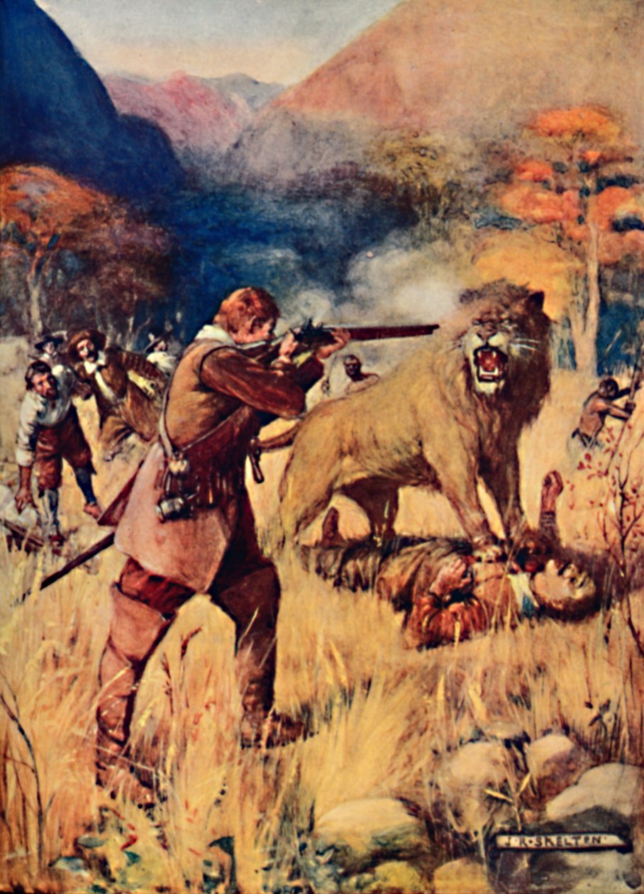 Egy nagy oroszlán ráugrott az egyik emberre, 1909 alkotó: Joseph Ratcliffe Skelton
