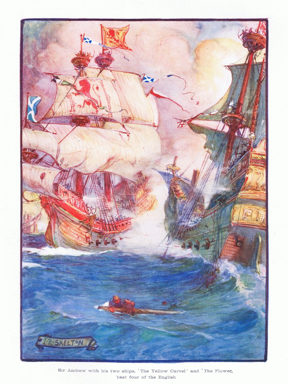 Sir Andrew két hajójával, a Yellow Carvellel és a Flowerrel legyőzte öt angol hajót, 1910 alkotó: Joseph Ratcliffe Skelton