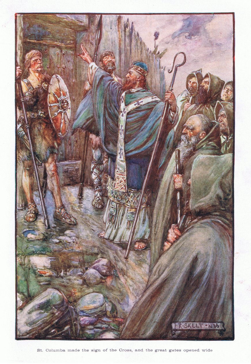 Szent Kolumba keresztet vetett, és a nagy kapuk szélesre nyíltak, 1910 alkotó: Joseph Ratcliffe Skelton