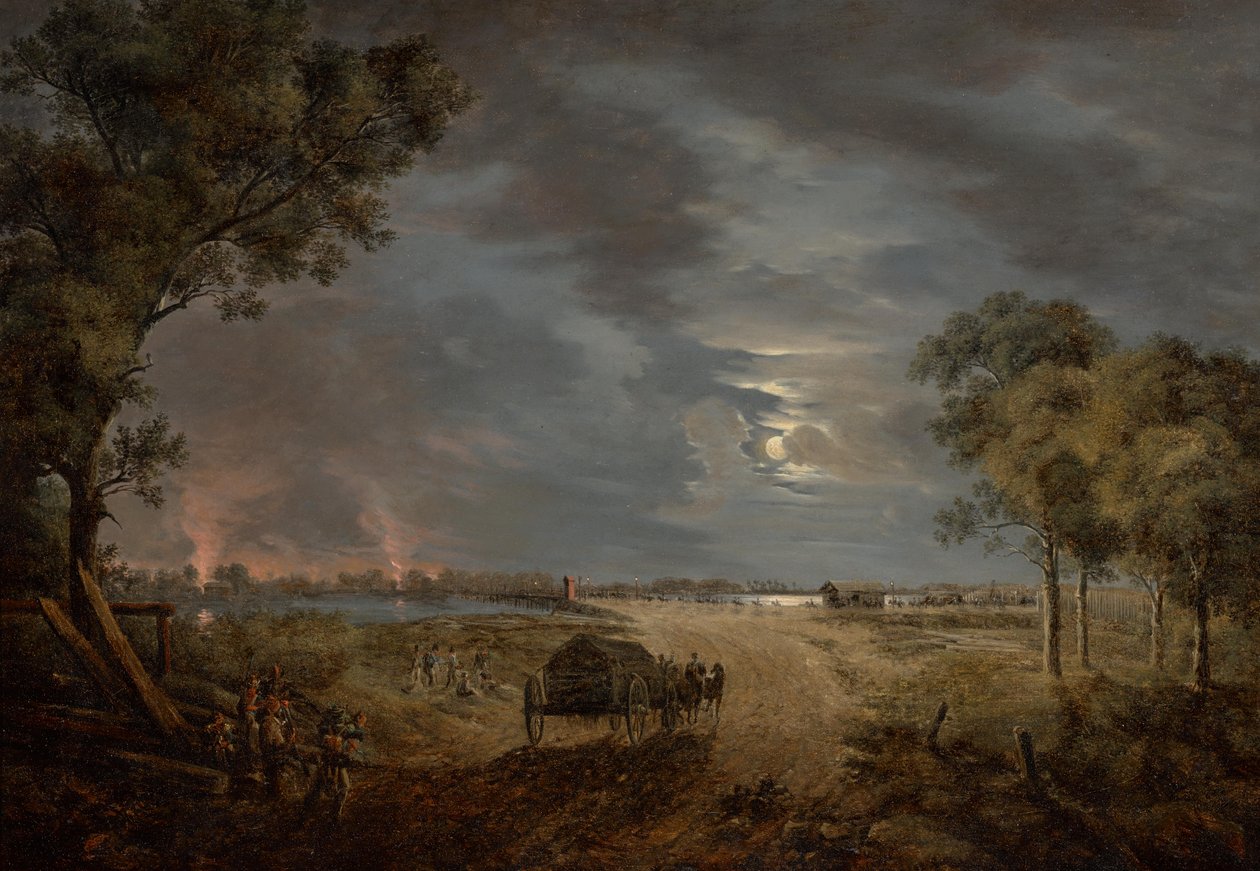 A francia hadsereg átkelőhídja a Lobau felé (éjszakai felvétel holdfényben) alkotó: Joseph Rebell