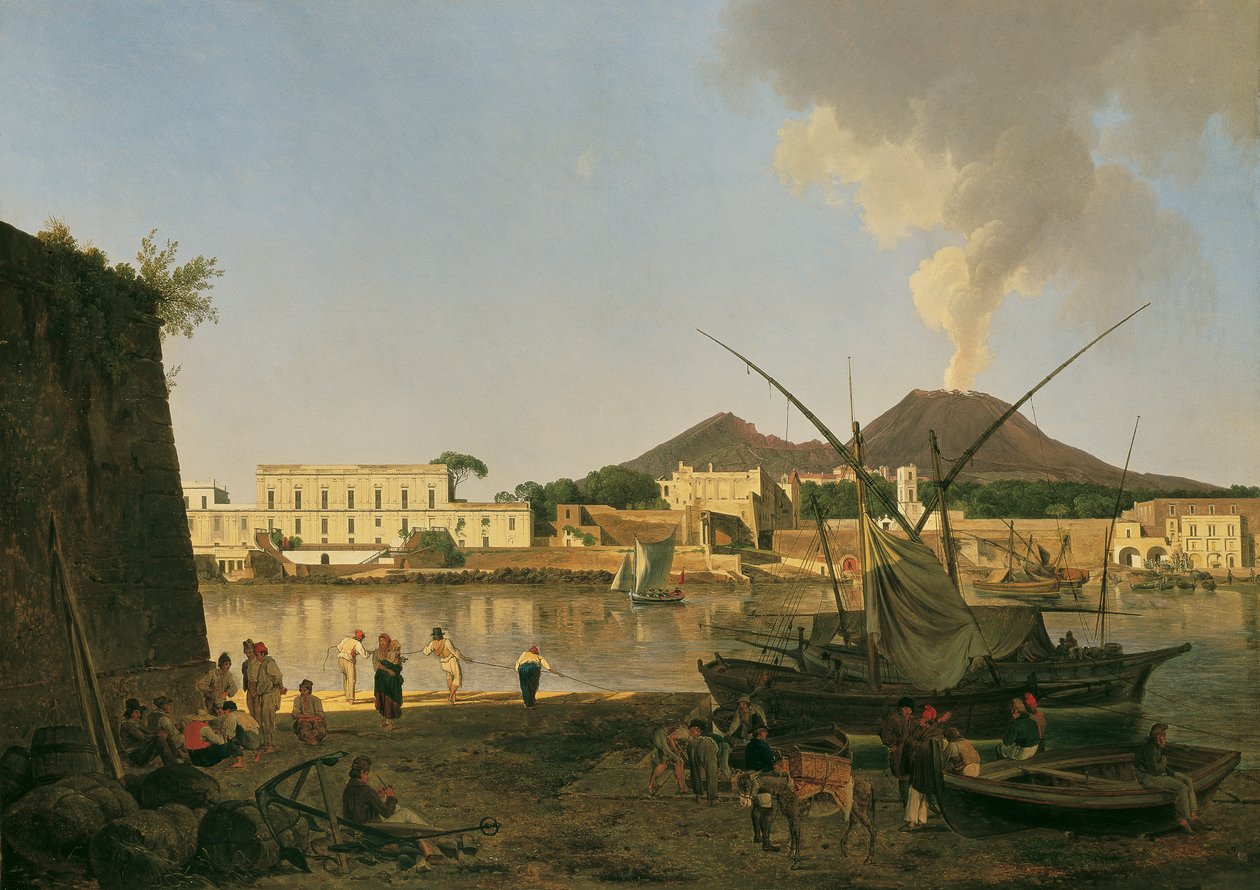 Granatello kikötője Portici közelében, a háttérben a Vezúv alkotó: Joseph Rebell