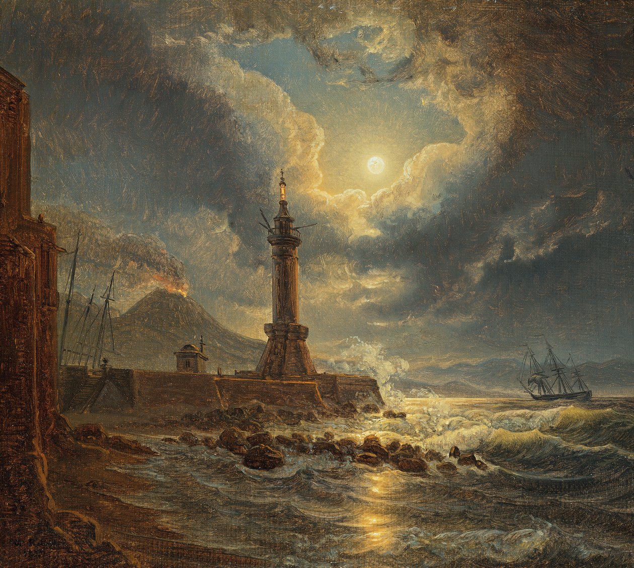 Világítótorony Nápoly kikötőjében holdfényben alkotó: Joseph Rebell