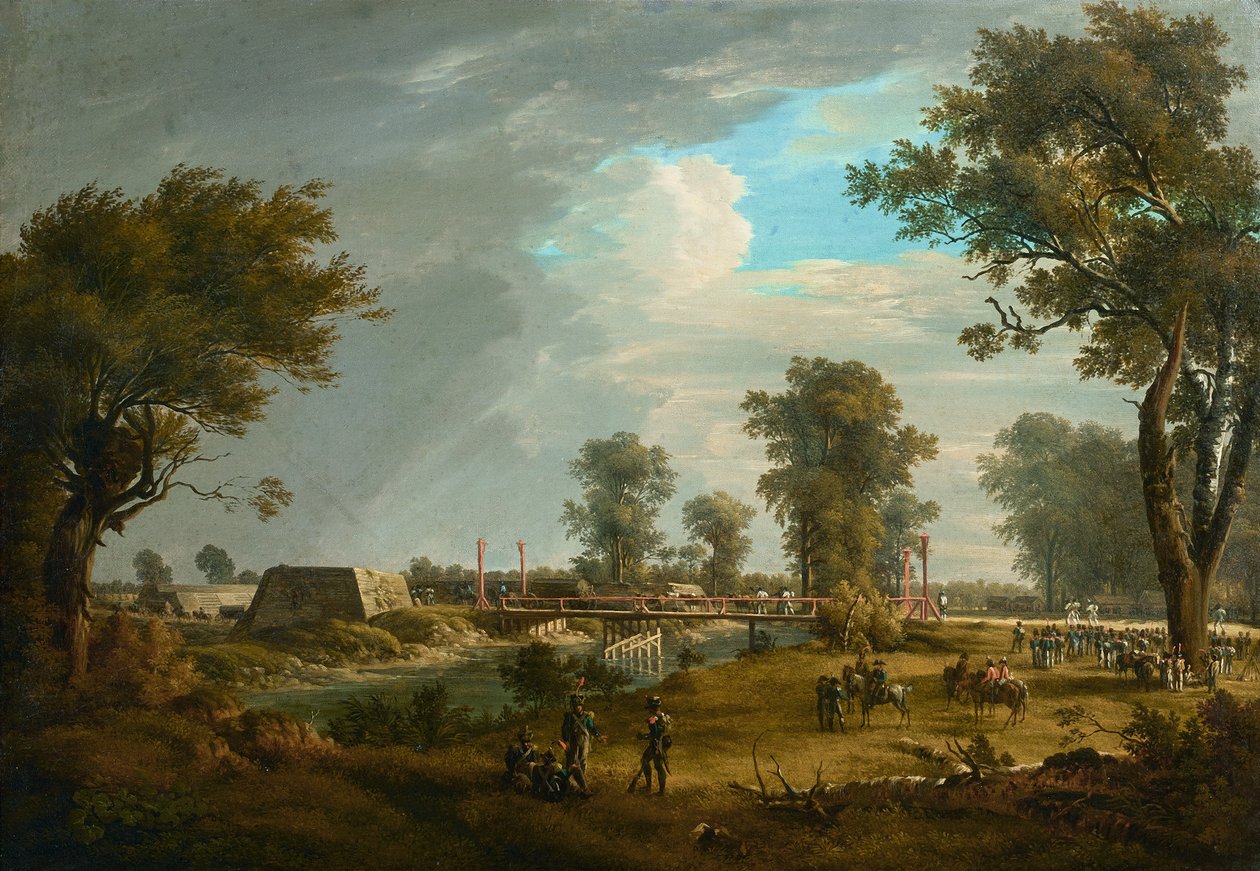 Jelenet a napóleoni háborúkból: Híd a Lobauban francia gyalogsággal alkotó: Joseph Rebell