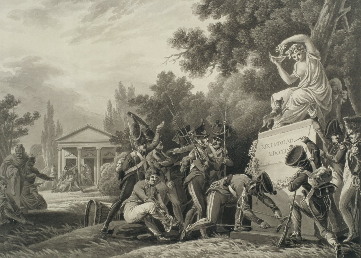 Katonák, akik tisztelegnek Isabelle Czartoryski (1746-1835) előtt (ecset és tinta papíron) alkotó: Joseph Richter