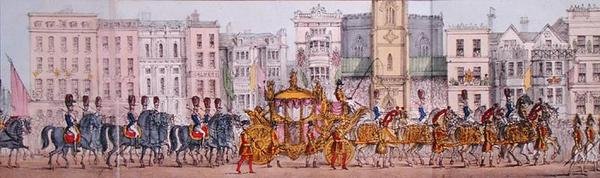 Viktória királynő királyi fejlődésének panorámás ábrázolása a londoni városon keresztül 1837. november 9-én (litho) (részlet) alkotó: Joseph Robins