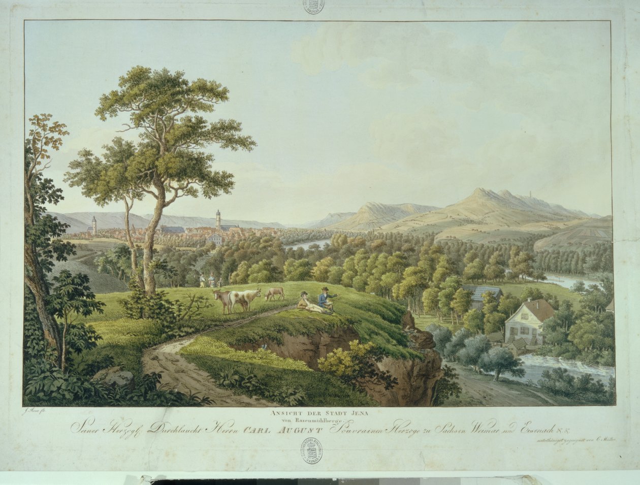 Jéna kilátása Rasenhuehlbergből, 1810 körül (rézkarc) alkotó: Joseph Roux
