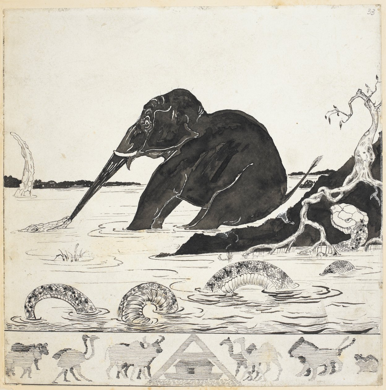 Hozzáadás. 59840 f.33 Az elefánt gyermeke a „Just So Stories”-ból, Rudyard Kipling alkotó: Joseph Rudyard (after) Kipling