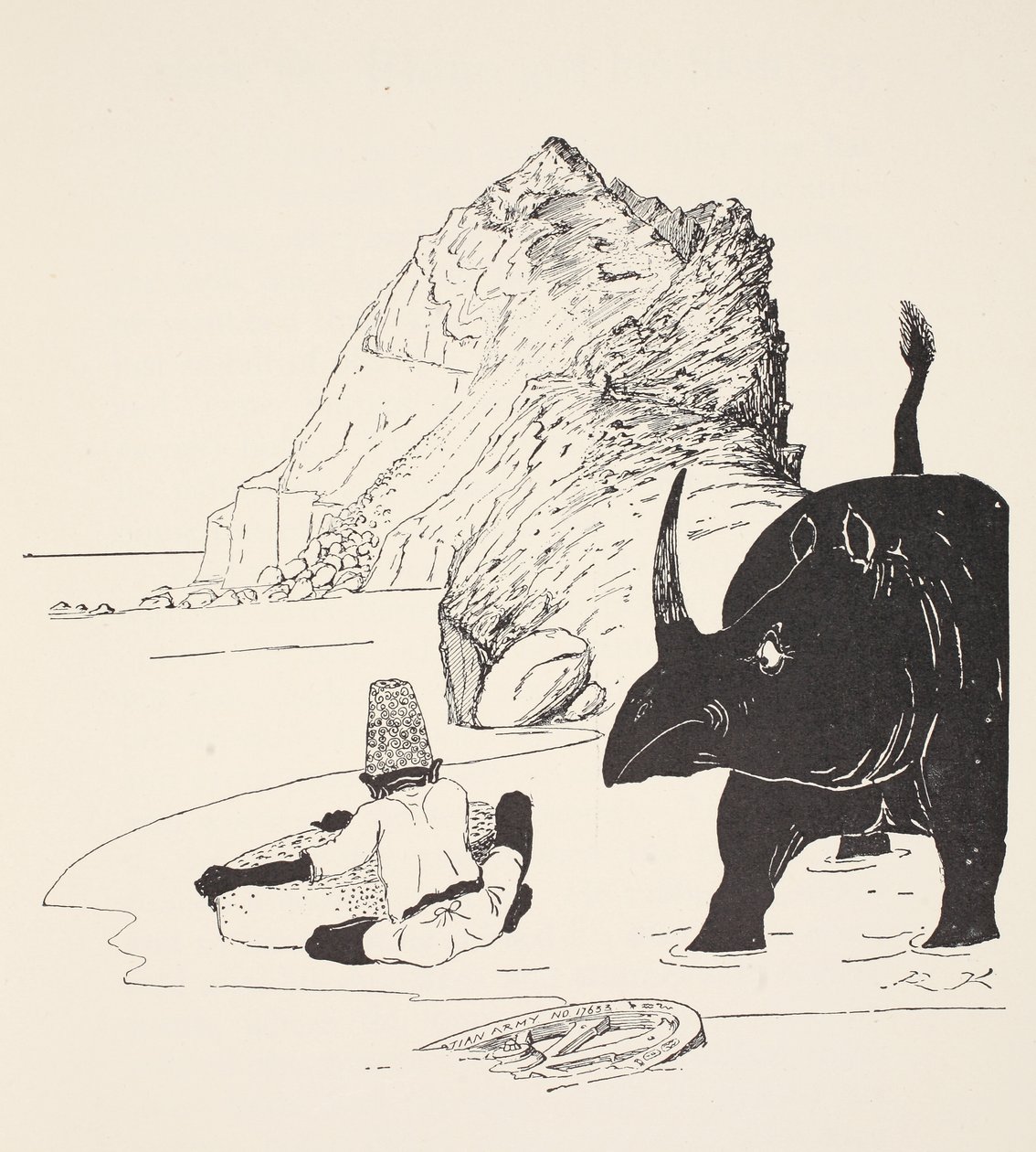 A Parsee elkezdi enni a tortáját a lakatlan szigeten. Illusztráció a „Just So Stories for Little Children”-ből, Rudyard Kipling, kocsma. London, 1951 alkotó: Joseph Rudyard Kipling