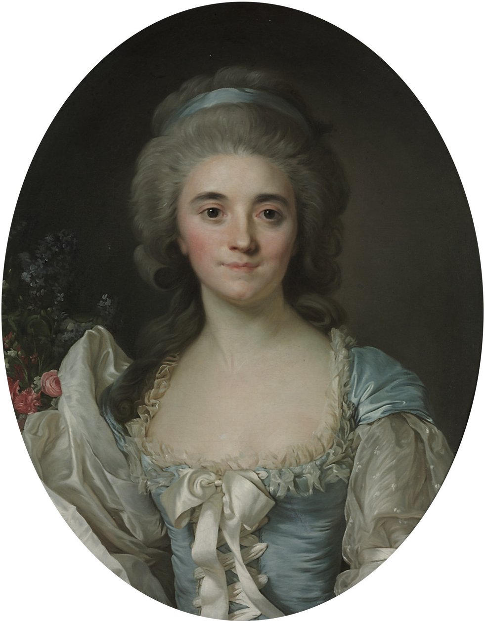 Provence grófnő (1753-1810) portréja, félalakos, türkizkék ruhában, fehér csipkeszegéllyel és szalaggal. alkotó: Joseph Siffred Duplessis