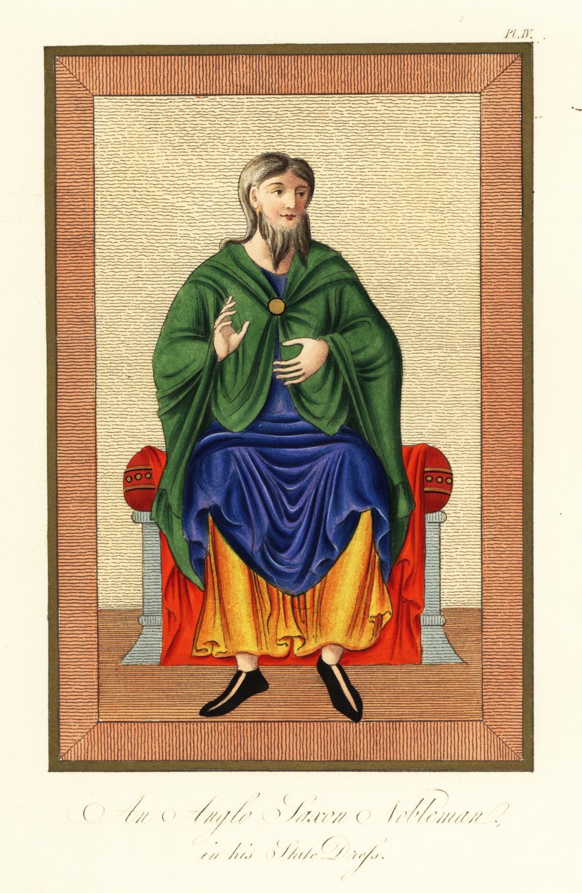 Angolszász nemes állami ruhában, 8. század, 1845 (metszet) alkotó: Joseph Strutt