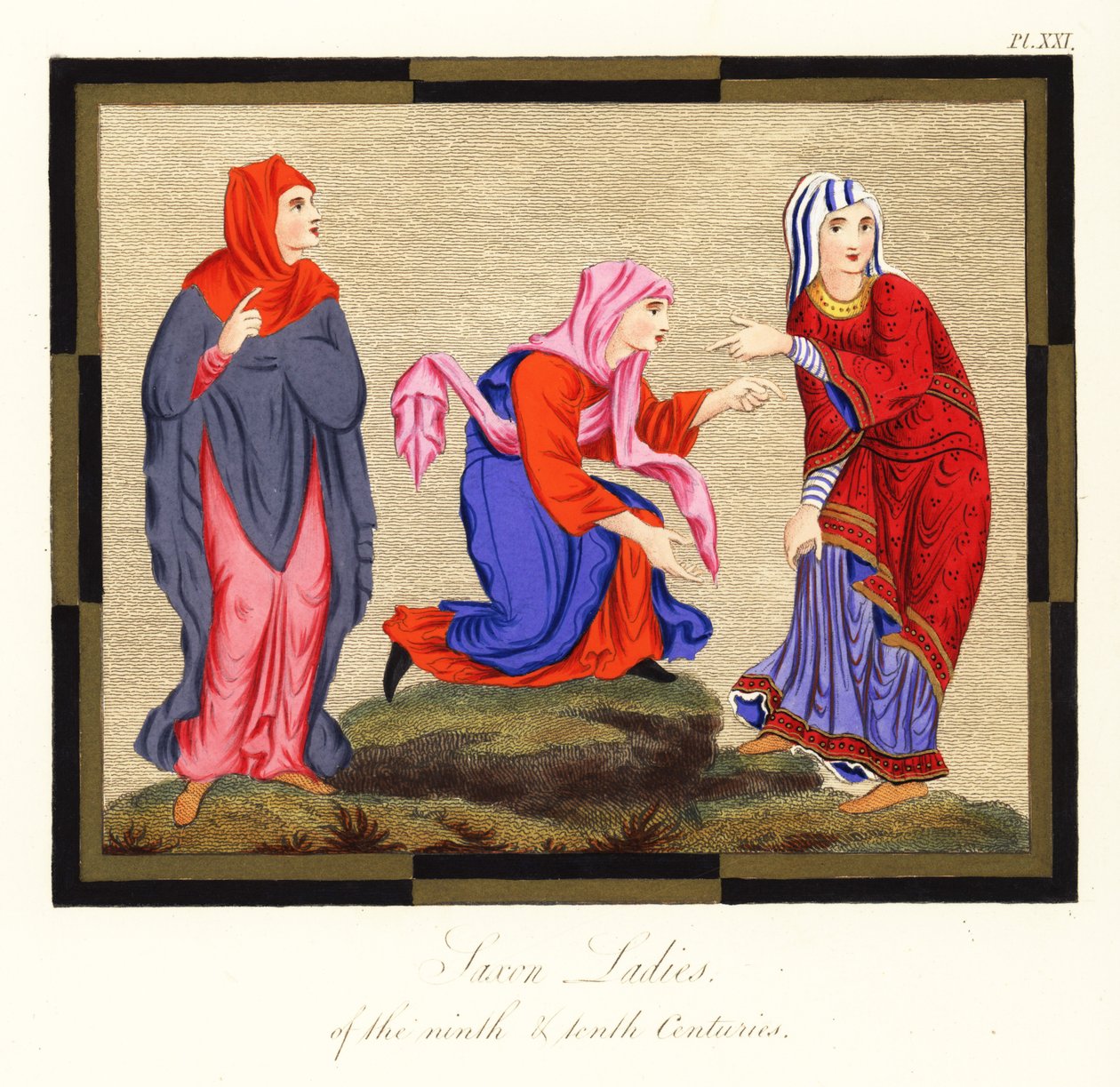 Angolszász női viseletek, 9. és 10. század, 1854 (metszet) alkotó: Joseph Strutt