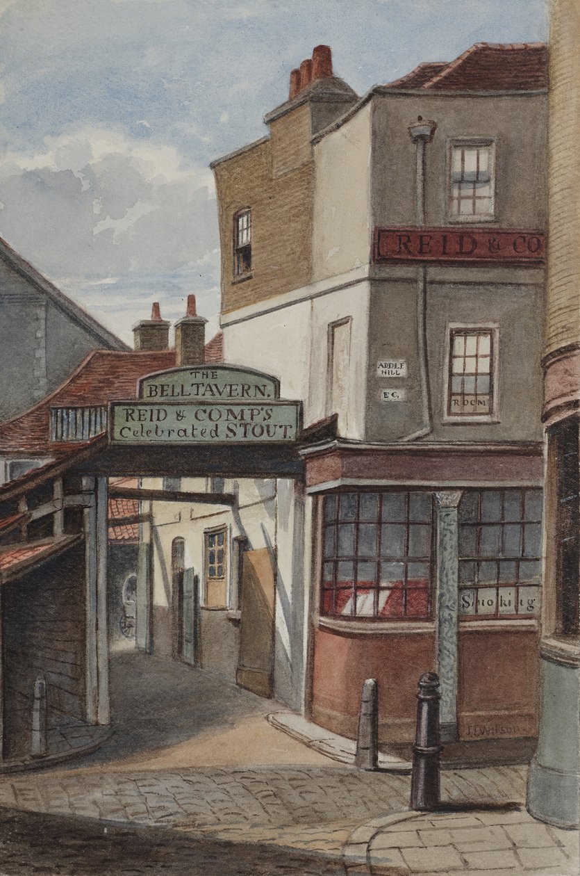 A Bell Tavern, Addle Hill látképe, rajta a Reid and Companys híres stout táblája és egy járdaszegélyoszlop, 1868 (wc, papír) alkotó: Joseph Thomas Wilson