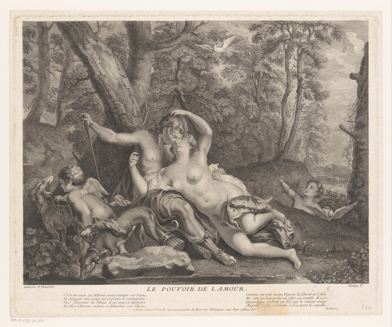 Landschap Vénuszt Adoniszba helyezi A szerelem ereje (cím a tárgyon) alkotó: Joseph Vanloo