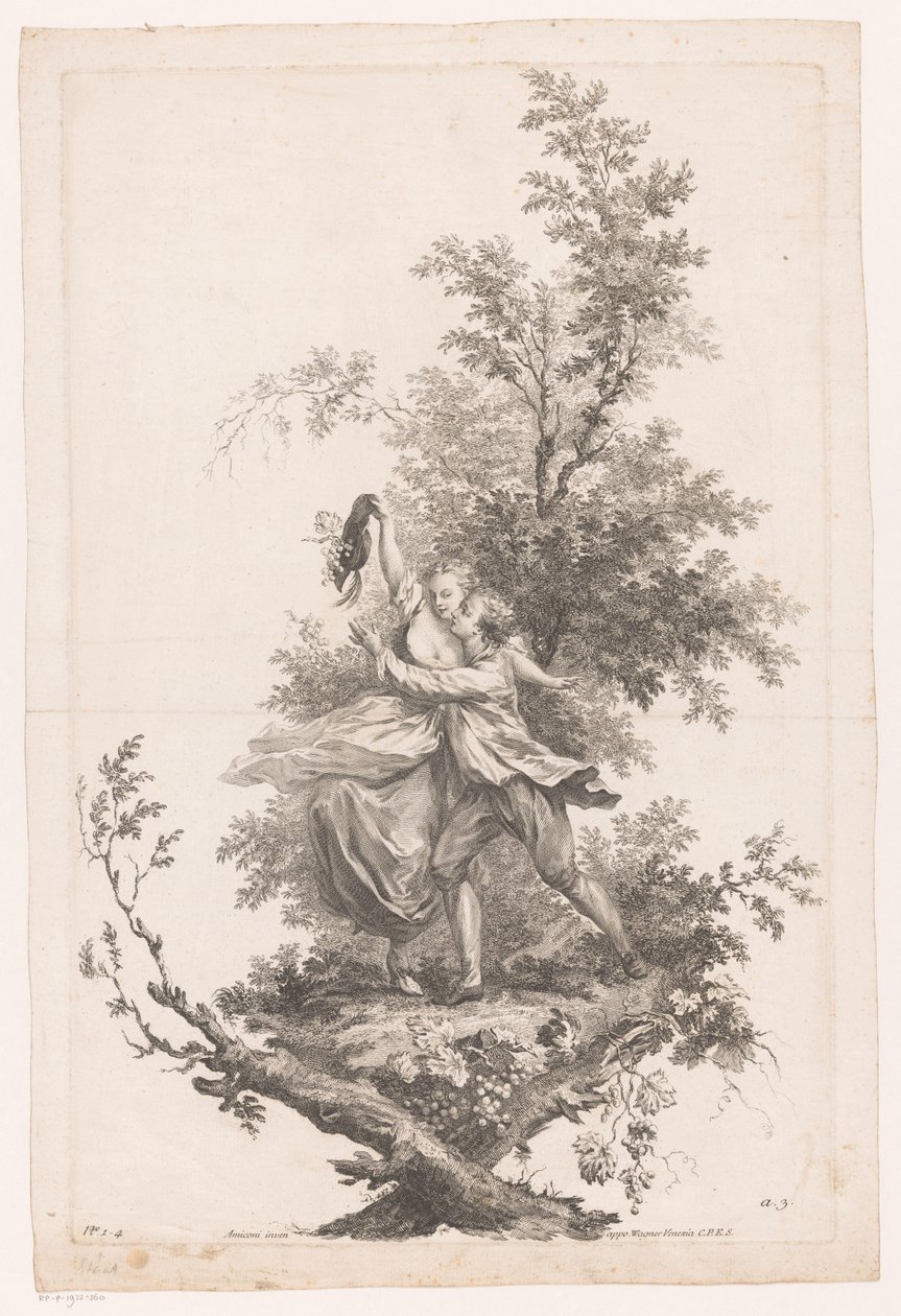 Férfi és nő ölelésben, szőlővel teli kalappal Ősz Négy évszak (sorozat címe) alkotó: Joseph Wagner (possibly)