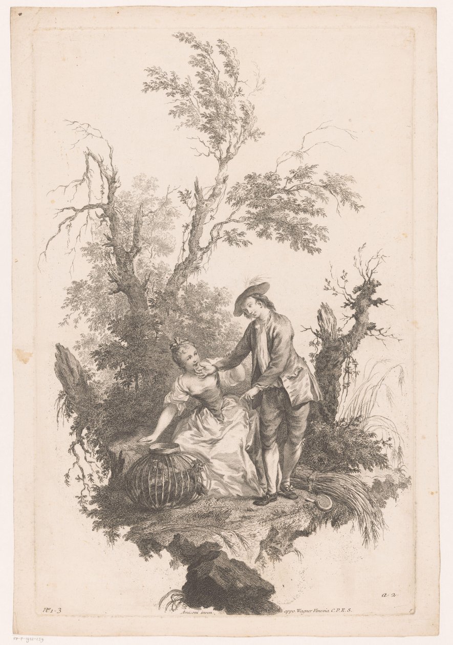Férfi és nő egy kosár baromfi Nyár Négy évszak (sorozat címe) alkotó: Joseph Wagner (possibly)