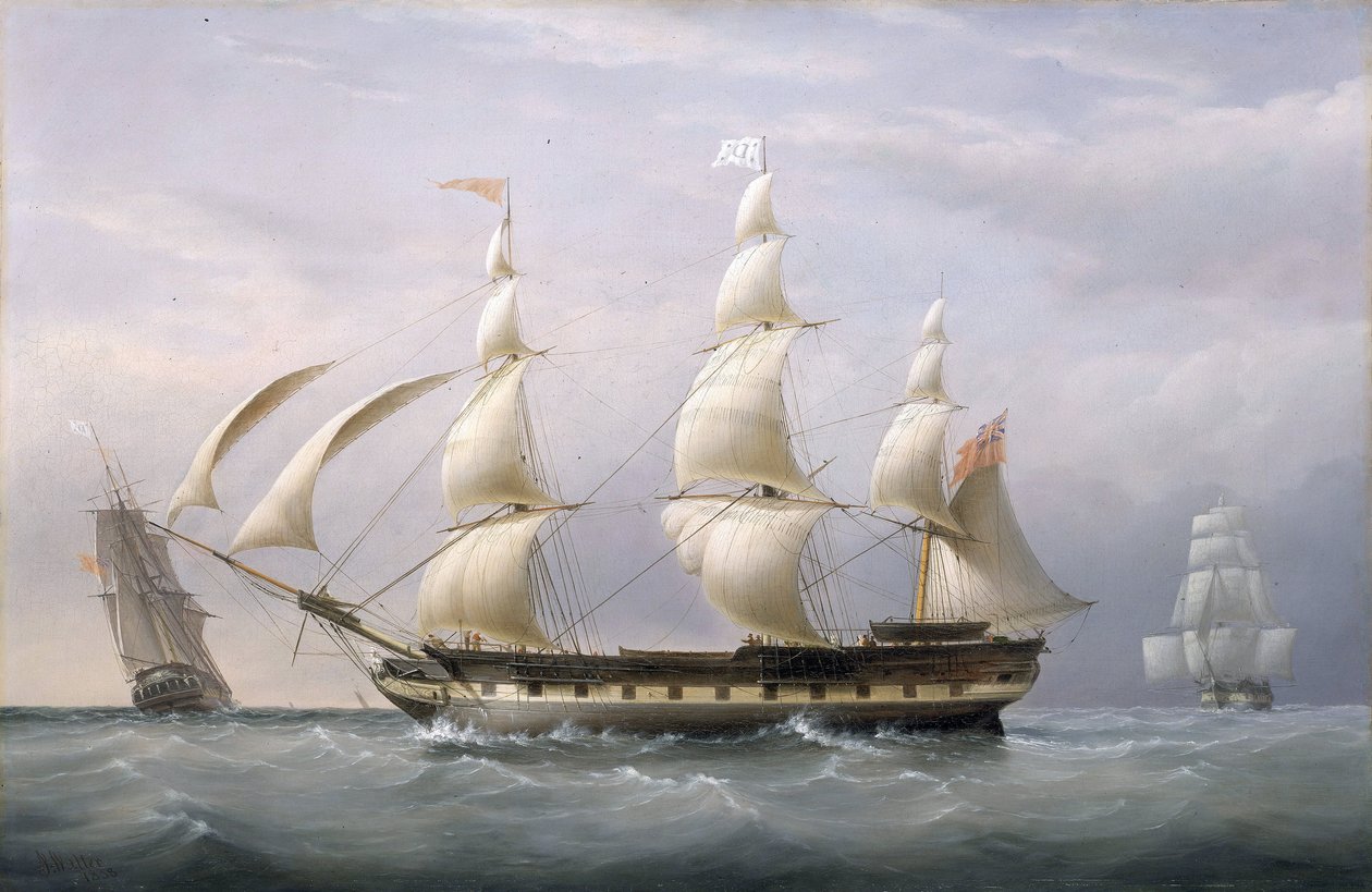 A Kelet-indiai Társaság "Britannia" nevű hajója, három oldalról nézve, visszatért Barbadosról. Olaj, vászon alkotó: Joseph Walter