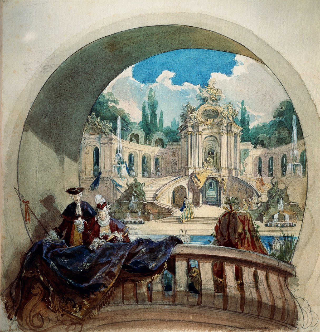 A linderhofi II. Ludwig királyi kastélyban található közönségterem mennyezetének lunettájának előkészítő rajza alkotó: Joseph Watter