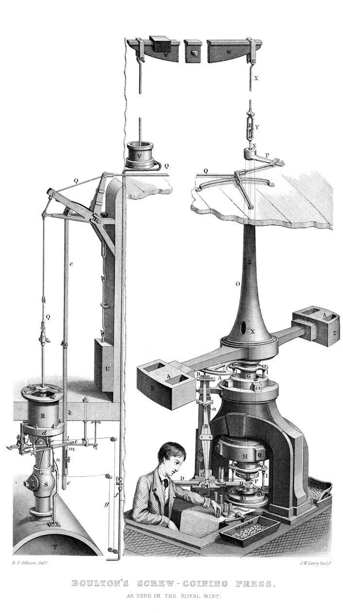 Boultons Screw Coining Press, ahogy a királyi pénzverdében használják, 1866. alkotó: Joseph Wilson Lowry