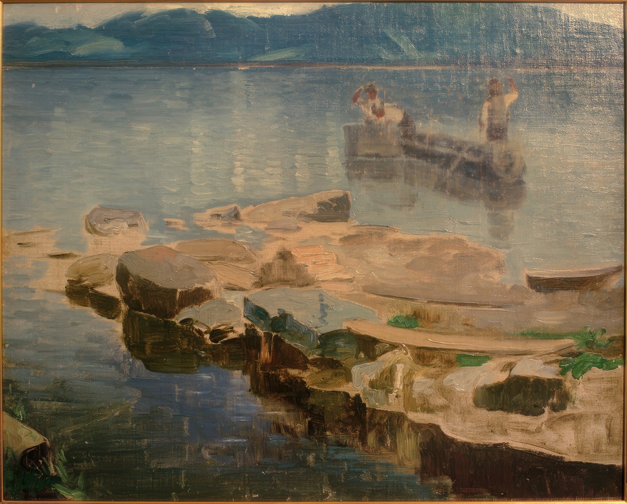 Sziklanyelv az Eibsee-ben halászokkal alkotó: Joseph Wopfner
