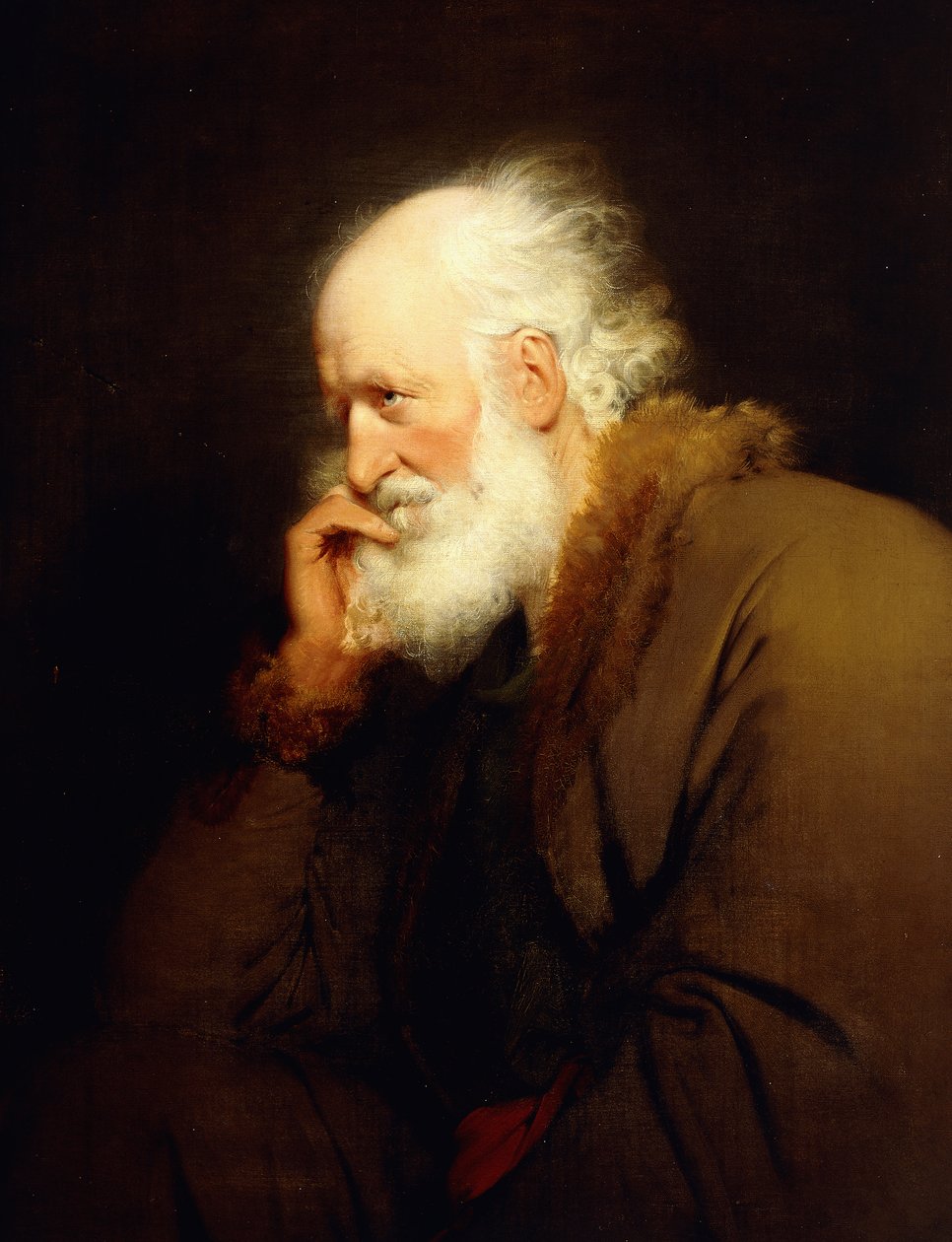 Egy öregember, félhosszú, barna bundával bélelt kabátban, alkotó: Joseph Wright of Derby