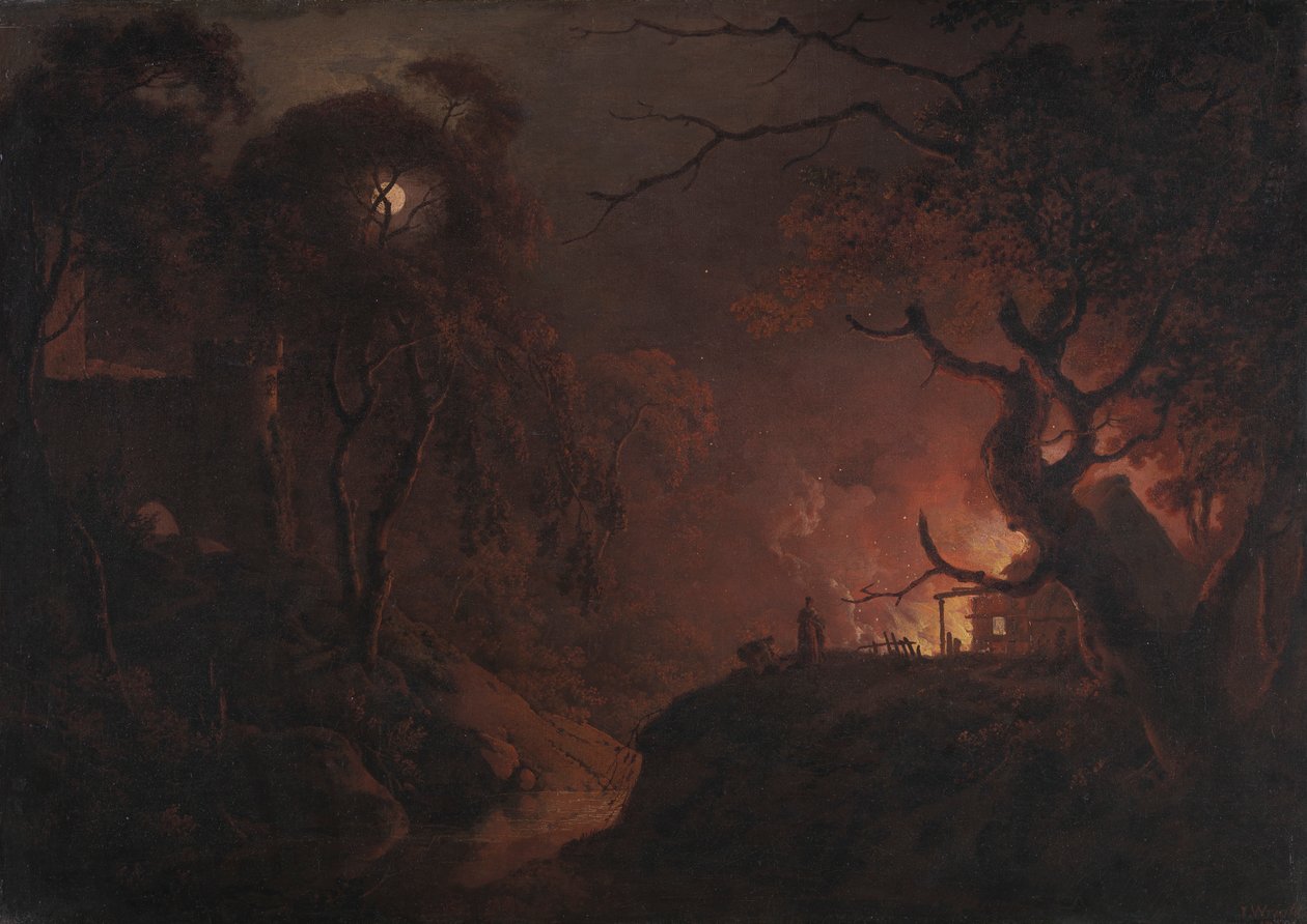Éjszaka lángoló házikó alkotó: Joseph Wright of Derby