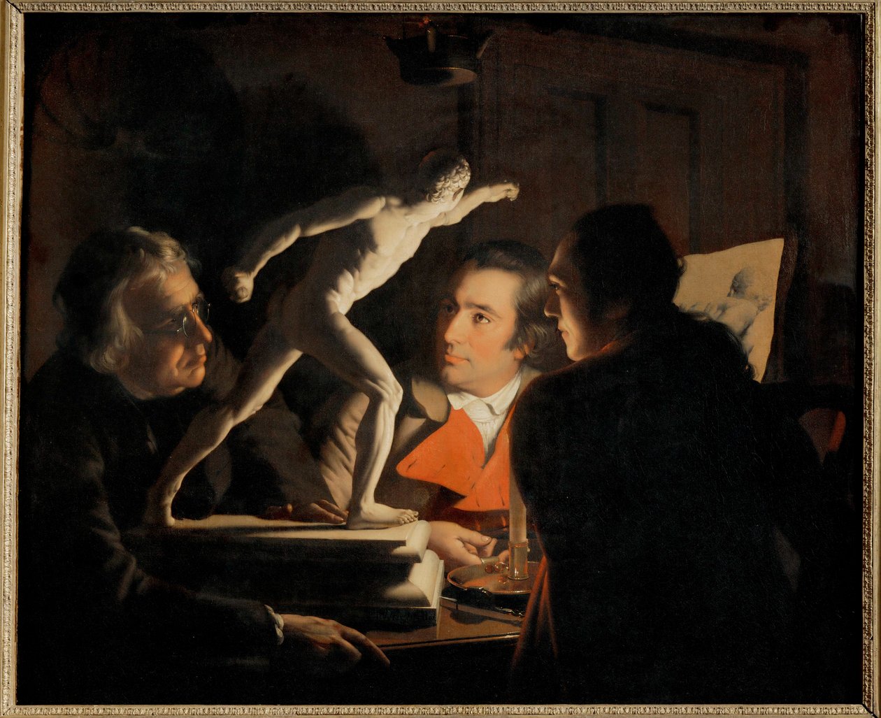 Egy gyertya fényében három férfi tanulmányoz egy kis ... (festmény, vászon) alkotó: Joseph Wright of Derby