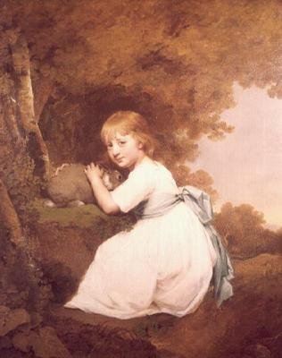 Miss Bentley fehér ruhában, kezében egy nyulat alkotó: Joseph Wright of Derby