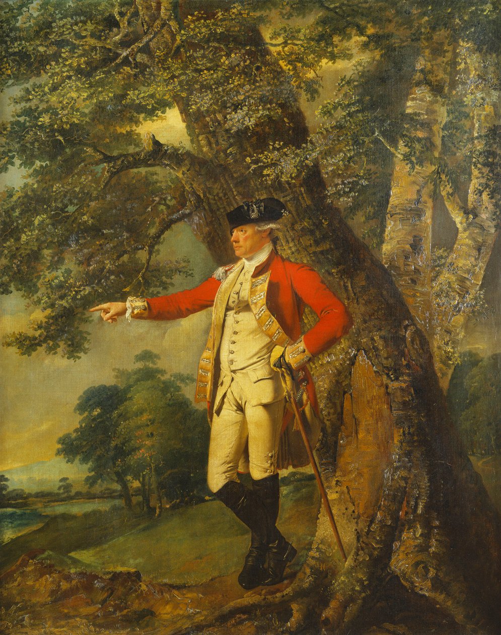 Charles Heathcote ezredes portréja, egész hosszában, egy erdős tájon, a harmincötödik láb egyenruhájában állva alkotó: Joseph Wright of Derby