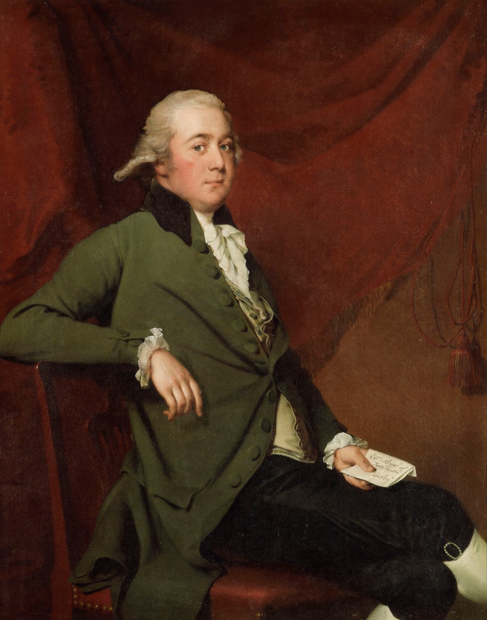 Edward Abney portréja háromnegyed hosszban ülve, zöld kabátban, levelet tart a vörös függönyön, 1780-as évek végén alkotó: Joseph Wright of Derby