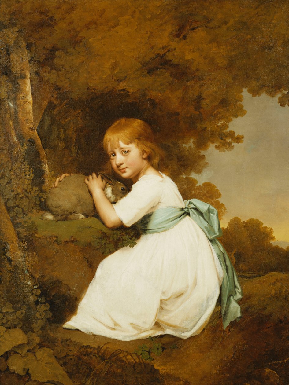 Miss Bentley portréja, ülve teljes alakban, fehér ruhát visel, nyulat tart a tájban, 1781 körül alkotó: Joseph Wright of Derby