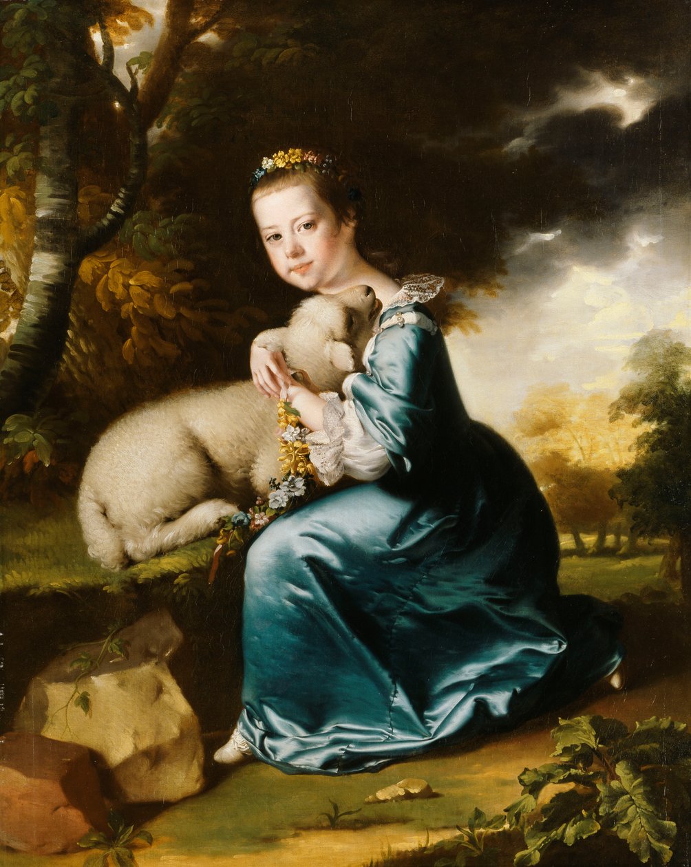 Miss Frances Warren portréja, egy erdős parkban térdepelve, kék ruhát visel és bárányt tart a kezében, alkotó: Joseph Wright of Derby